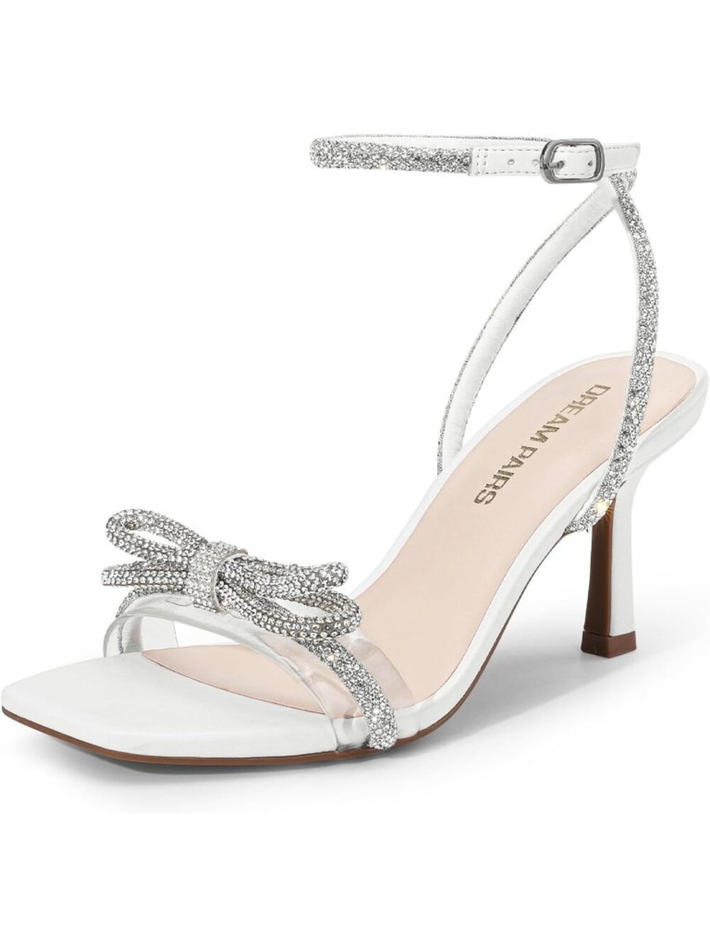 Women's Double Bowknots White Open Square Toe Ankle Strap Rhinestone Heels
